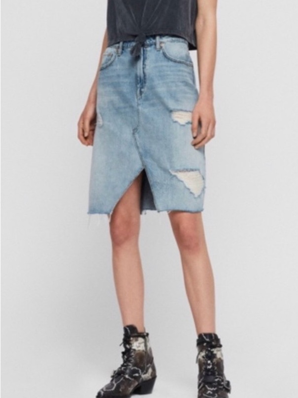 All Saints Distressed Light Wash Denim Pencil Skirt 0